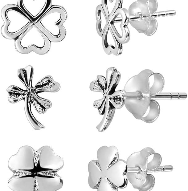 3 Pairs Sterling Silver Clover Earrings Set